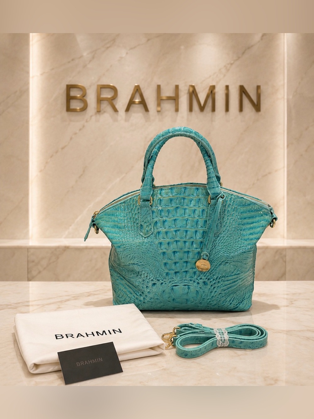 Brahmin RARE Turquoise Croc-Embossed Leather Satchel w Strap & Dustbag EUC